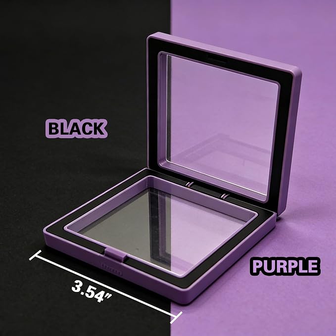 12 PCS Dual-Color Packaging Box 3D Floating Frame Display Stand, Color-Matching Packaging Display Box, Transparent Window Jewelry Case, PE Film Anti-Oxidation Storage Case. (Purple+Black) - Image 3