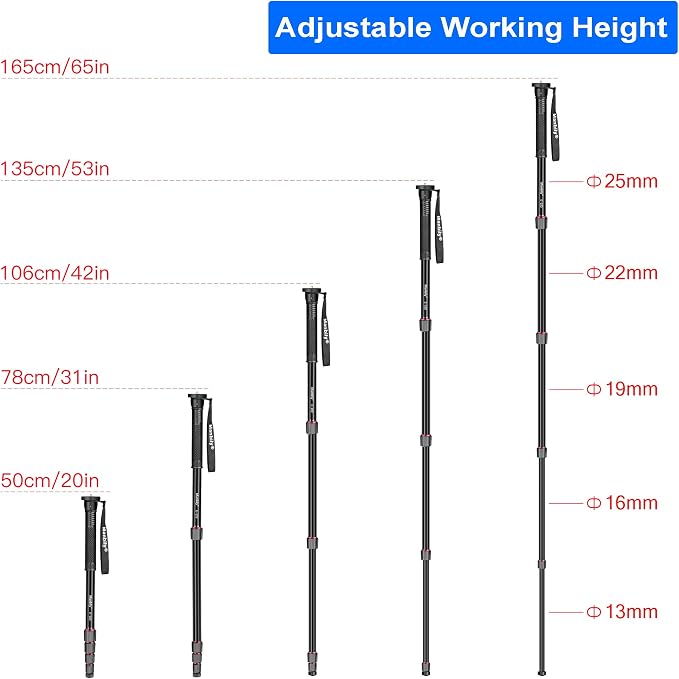 65-Inch Camera Monopod, 5 Sections Aluminum Travel Monopod for Canon Nikon Sony DSLR Cameras Video Camcorder, Compact Portable Lightweight（E-222） (Red) - Image 5