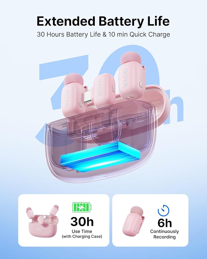 BOYA mini 2 Wireless Lavalier Microphone for iPhone15/16/17 & Android, Pink | AI Noise Cancellation, App Control, 30H Battery Life with Charging Case for Vlogging Interviews and Content Creation - Image 7
