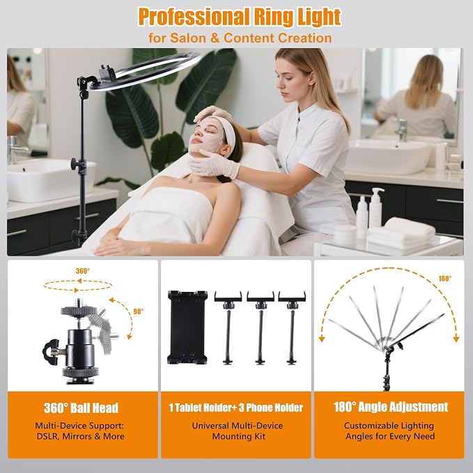 19" Ring Light with Stand, 75" Tripod Rolling Wheels, Phone & ipad Holders | 3 Color Modes & 6300K Dimmable LED Light, Large Ring light for Photography Streaming Video Recording Barber Tattoo Makeup - Image 4