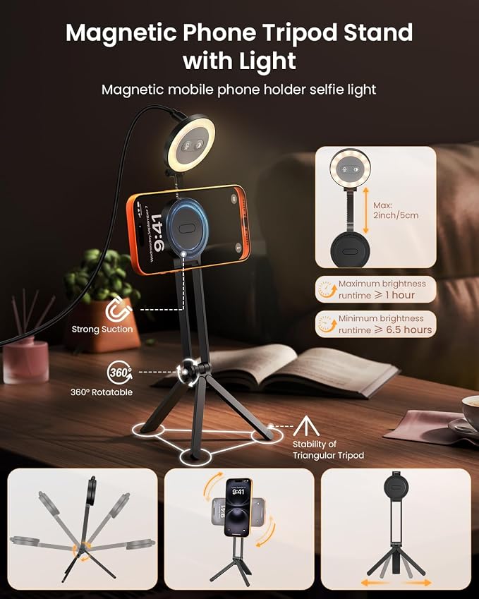 2 in 1 Magnetic Selfie Light Tripod for iPhone for Magsafe Tripod | magnetic adsorption,phone mount smartphone stand selfie stick with fill light for iPhone accessories,3 color temps brightness - Image 4