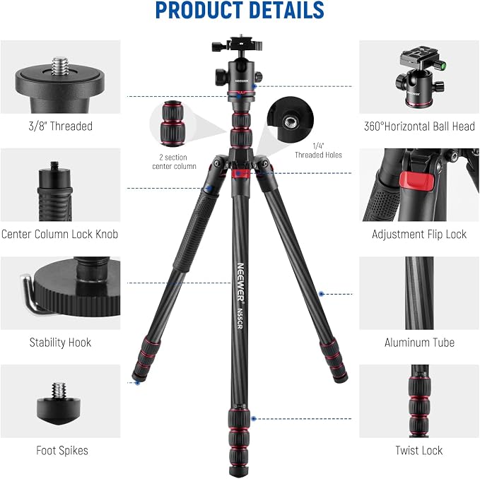 NEEWER N55CR Upgraded 80.7" Carbon Fiber Camera Tripod Monopod Travel Stand | With Telescopic 2 Section Center Axis, 360° Panorama Ballhead, 1/4" Arca Type QR Plate, ø28mm Column, Max Load 26.5lb - Image 9