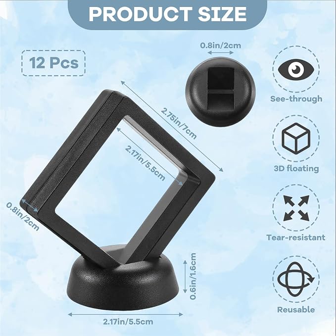 12Pcs 3D Floating Display Case Jewelry Storage Box, 2.7in Black | Clear Film, Plastic Frame, Challenge Coin Holder, For Shark Tooth Fossil Rock Gem Shell Butterfly Specimen - Image 2