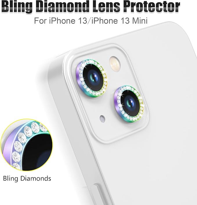 AGVEE 3+3 6 Pack for iPhone 13 & Mini Camera Lens Protector Cover | Individual Bling Diamond & Bling Glitter Sparkle Cute Gem Metal Ring, 9H Tempered HD Glass - Image 4