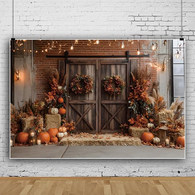 8x6ft Fall Thanksgiving Backdrop Pumpkins Autumn Harvest Pumpkins Barn Photography Background Hay Maple Leaves Birthday Party Decorations Banner Photo Booth Props - Image 4