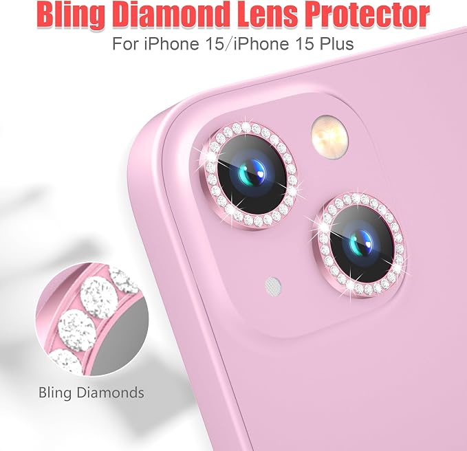 AGVEE 3+3 6 Pack for iPhone 15/15 Plus Camera Lens Protector Cover | Individual Bling Diamond & Bling Glitter Sparkle Cute Gem Metal Ring, 9H Tempered HD Glass - Image 4