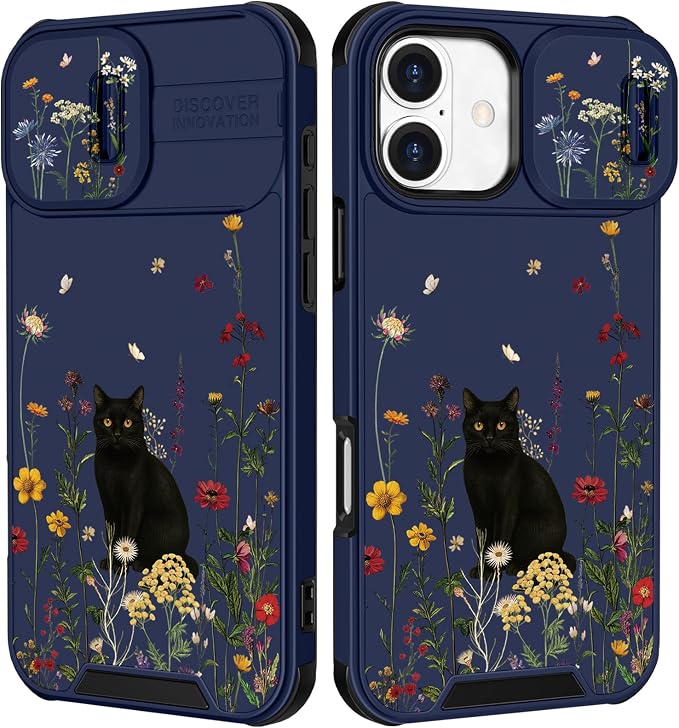 for iPhone 17 Case - Women Cute Phone Cover Girly Pretty Fancy Unique Aesthetic Design Slide Camera Cover Protective Case for Apple for iPhone 17, Black Cat by Goocrux