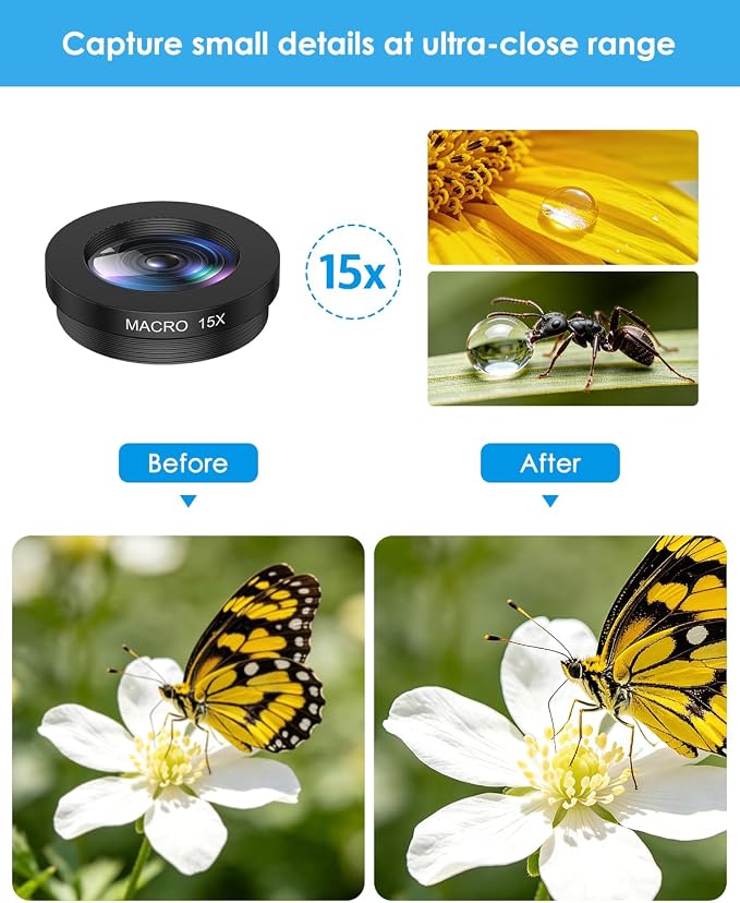 AMIR 7 in 1 Phone Camera Lens Kit with 2X Telephoto, 0.63X Wide Angle, 15X Macro, 198° Fisheye, CPL Filter, Star & Kaleidoscope Lens, HD Mobile Lens Set for iPhone, Samsung & Smartphones - Image 3