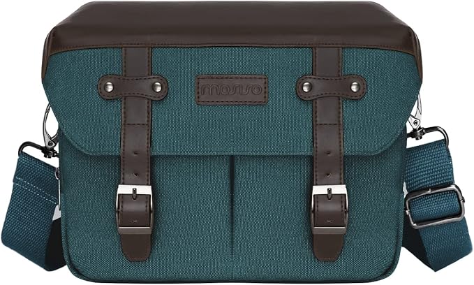 MOSISO Camera Case Crossbody Shoulder Messenger Photography Bag, Teal Green | DSLR/SLR/Mirrorless Vintage PU Leather Flap Gadget Bag with Rain Cover Compatible with Canon/Nikon/Sony Camera and Lens by MOSISO