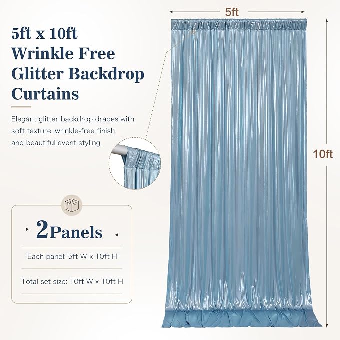 10x10ft Dusty Blue Sequin Backdrop Curtains, Wrinkle Free Glitter Backdrop Drapes for Wedding Parties Photography Stage Decor, Non-Shedding 2 Panels Set (5x10ft Each) - Image 6