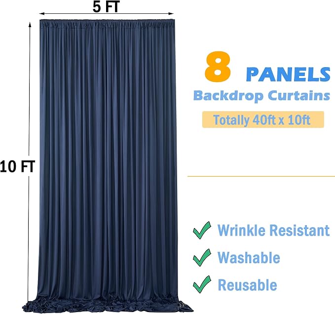 40ftx10ft Navy Blue Backdrop Curtains for Party Background, Wrinkle Free 8 Panels Silky Navy Photo Backdrop Drapes Back Drop Cloth Drapery for Wedding Birthday Photography Baby Shower Decor - Image 5