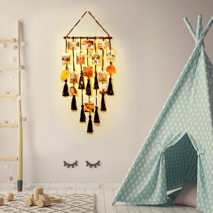 Homecor Hanging Photo Display Wall Decor, Black Macrame Hanging Boho Room Decor, Picture Frame Collage with Remote Light 30 Clips, Bedroom Apartment Home Decor, Christmas Mom Grandma Teen Girl Gifts - Image 2
