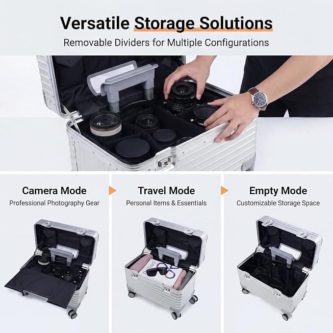 Full Aluminum Rolling Camera Bag 18" Camera Case | Wheeled Photography Gear Case, Carry-on Luggage, Dual TSA locks, Detachable Wheels & Dividers, Fits 17" laptop, DSLRs & Lens - Image 8