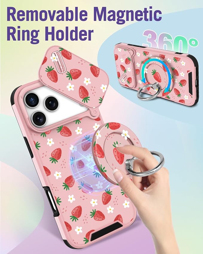 Buleens for iPhone 17 Pro Max Case 6.9 Inch - with Ring Stand & Camera Cover Aesthetic Cute Designed Women Girls Pretty Girly Kawaii Strawberry Phone Case for iPhone 17 Pro Max Compatible with Magsafe - Image 5