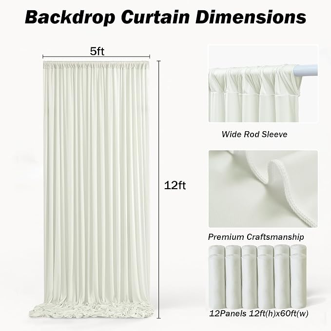 60x12 ft Ivory Backdrop Curtains for Weddings Parties, Birthdays and Photos | 12 Panels 5x12 ft, Wrinkle-Free Polyester Drapes, Washable, Ironable, 4 in Rod Pocket for Baby Showers Photography Background - Image 6