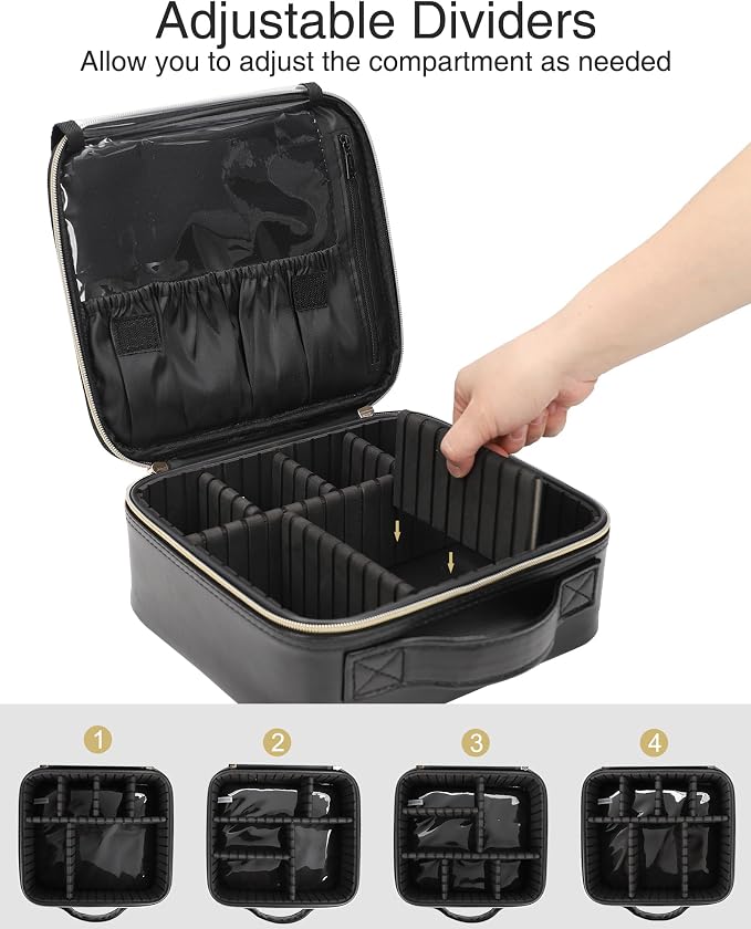 Relavel Makeup Bag, Travel Cosmetic Train Case Organizer Portable Artist Storage Bag with Adjustable Dividers for Cosmetics Makeup Brushes Toiletry Jewelry Digital Accessories Quilted Leather Black - Image 2