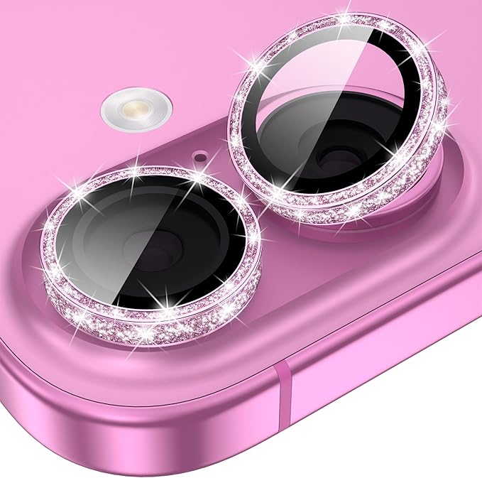 YWXTW [All-Over Glitter Camera Lens Protector for iPhone 17/iPhone 16/iPhone 16 Plus, 9H Tempered Glass Camera Lens Cover, Anti-Scratch Case Friendly(Pink) by YWXTW
