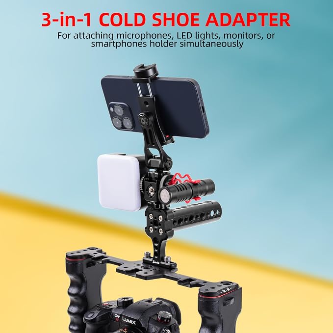 Zeadio Universal Camera Mount with 3 Cold Shoe Mounts, Hot Shoe Base & 1/4"-20 Thread | Built-in Level | Multi-Device Monitor/Light Mount Holder - Image 6