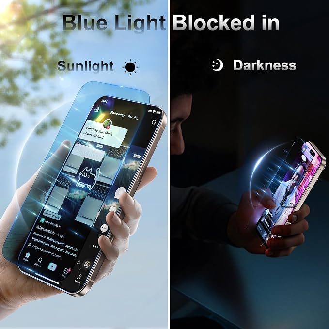 Fotbor [3+3 Pack for iPhone 15 Pro Screen Protector, Anti-Blue Light, [Eye Protection] 9H+ Tempered Glass with Camera Lens Protector - Image 4