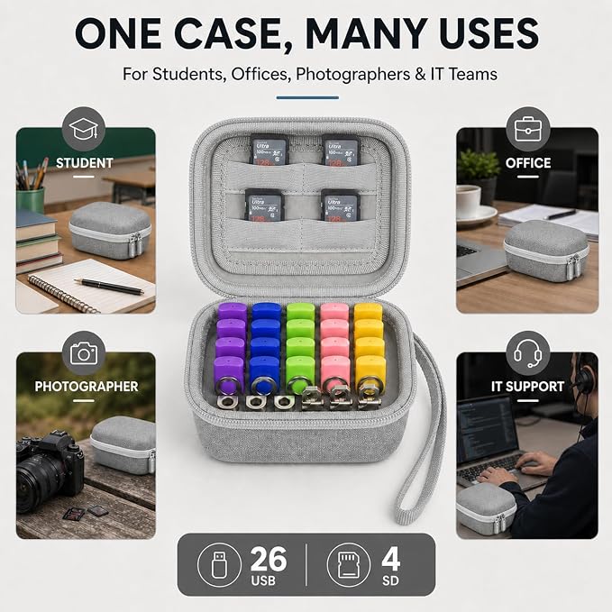 Comecase USB Flash Drive Case, Holds 26 USB Drives and 4 SD Cards | Pre-Cut Foam Fits Mixed USB Drives; EVA Shell, Holds 26 USB & 4 SD Cards, Compact, Grey, Small, Case Only - Image 8