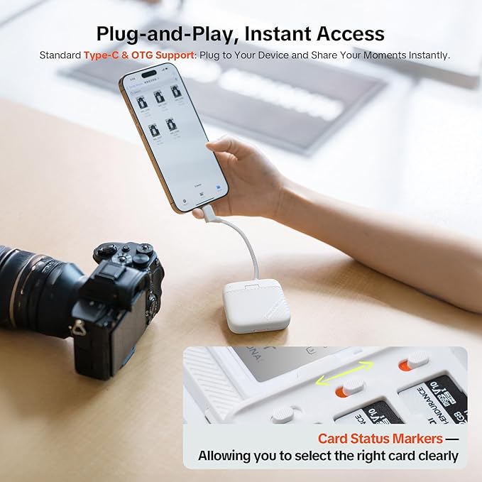 PGYTECH Mini SD Card Reader Case, 2-in-1 UHS-II SD/TF Card Reader Holder | CreateMate High-Speed Dual-Slot Transfer/USB 3.1/Type-C with 6-Slot Storage Portable, for Camera/Drone/Phone/Pocket 4, White - Image 5