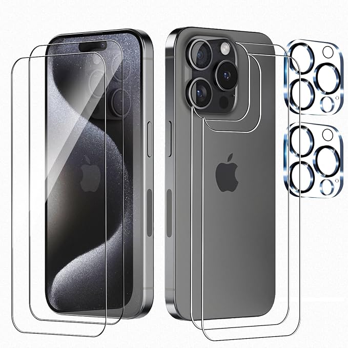 Front and Back Protector for iPhone 15 Pro + Camera Lens Protector | (2+2+2) 9H Hardness, Easy to Install with Alignment Tool,Case Friendly by BIGFLYANTS