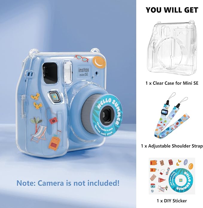 Fuji Mini SE Clear Case, Hard PC Protective Case for Instax Mini SE Instant Camera with Cute Cartoon Sticker & Adjustable Shoulder Strap - Blue Beach Sea - Image 7
