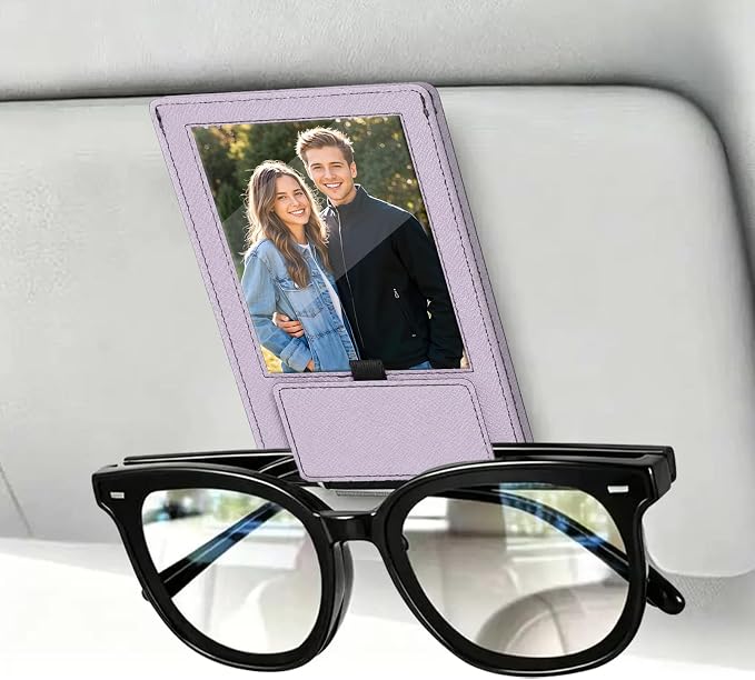 2-in-1 Car Visor Sunglasses & Photo Holder, Magnetic PU Leather Glasses Clip with Picture Display Slot, Universal Sun Visor Organizer for Eyeglasses, Personalized Cards & Memories, Lavender by Unknown
