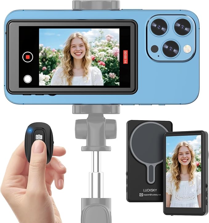 Vlog Selfie Monitor Screen iPhone, Screen Mirroring with Remote Control | 4K 60fps Recording, Magnetic Fixation, 180° Rotation, 3 Levels of Brightness, Compatible with iPhone & Android by Unknown