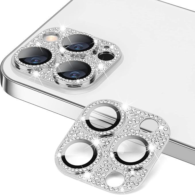 Compatible with iPhone 12 Pro Max Camera Lens Protector, Bling 3D Rhinestone Diamond Lens Cover 9H Tempered Glass Camera Cover Anti Scratch Shockproof Lens Screen Full Protective Cover - Silver by Hsefo