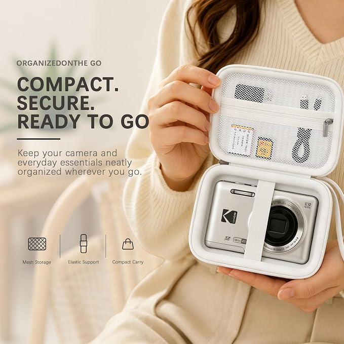 Camera Carrying Case for KODAK PIXPRO FZ55/ FZ45 Digital Camera | Camera Storage Case. Hard Protective Bag With Mesh Pocket Fits Batteries Cable Memory Card Card Reader, White - Image 8