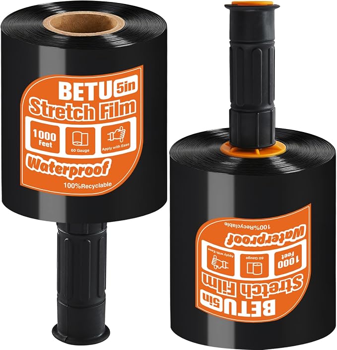 Black Stretch Film Shrink Wrap for Moving Supplies (5inch, 2 Pack) x 1000ft, Industrial Strength Plastic Wrap Stretch Roll for Pallet Wrapping Shipping Moving Boxes Storage Furniture with Handles by BETU