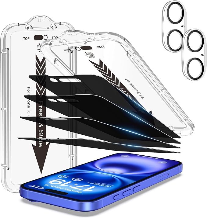 EZ-GLAZ-4+2 Pack for iPhone 16 Privacy Screen Protector (6.1") | 2-Pack Lens Protectors, Alignment Kit, Easy Installation, 9H+ Tempered Glass, Scratch Resistant, 28° Privacy Protection by EZ-GLAZ