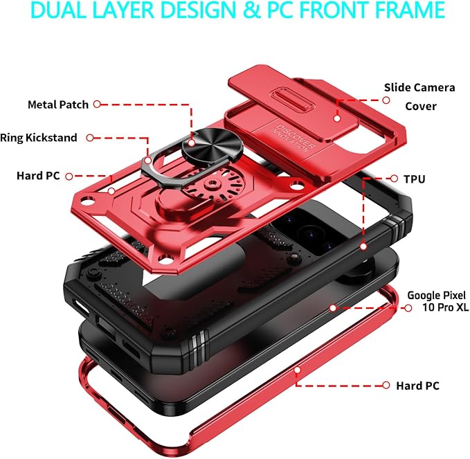 for Google Pixel 10 Pro XL Case, Pixel 9 Pro XL Case, with 3 Pcs Tempered Glass Screen Protector Built in Ring Stand Kickstand + Camera Cover, Hard PC Soft TPU Defender Full Body Protective Cover -Red - Image 6