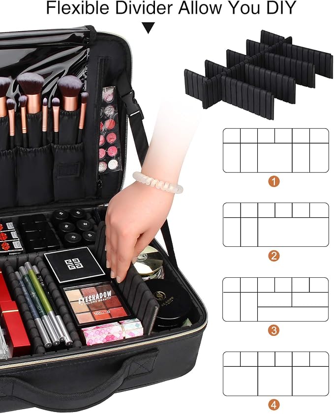 Relavel Makeup Case Large Makeup Bag Professional Train Case 16.5 inches Travel Cosmetic Organizer Brush Holder Waterproof Makeup Artist Storage Box, Large Capacity (Leather Black) - Image 4