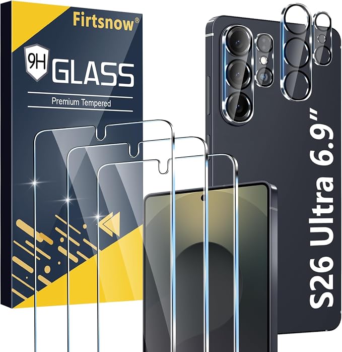 firtstnow 3 Pack for Samsung Galaxy S26 Ultra Screen Protector Tempered Glass + 3 Pack Camera Lens Protector, Military Grade Shatterproof, 9H Hardness, Fingerprint Unlock,Case Friendly 6.9 Inch by Unknown