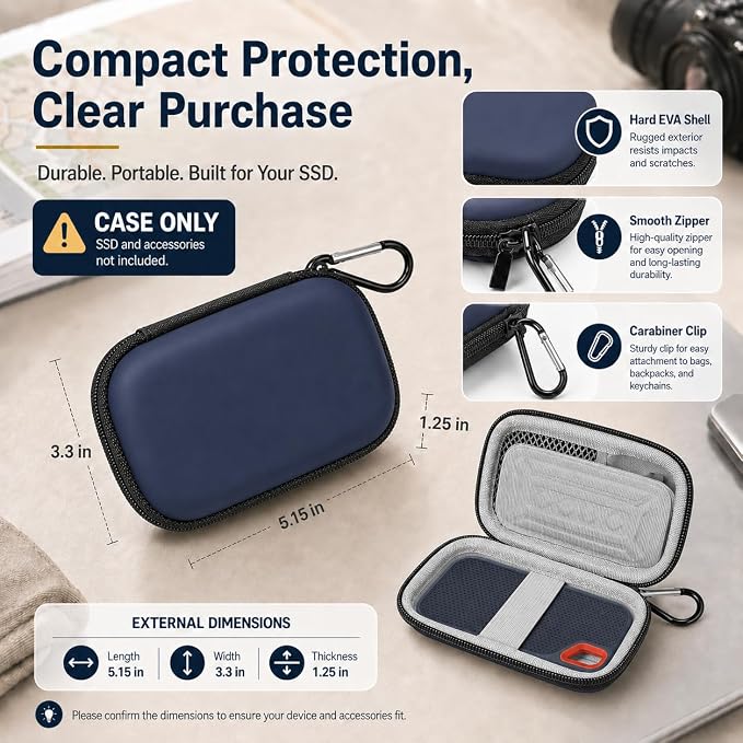 SSD Case for SanDisk Extreme Portable SSD & Extreme PRO, Hard Shell Protective Storage Bag with Carabiner, Fits 1TB 2TB 4TB 8TB External Solid State Drive for Business Travel (Blue) | Elastic Strap Secures the SSD, Mesh Pocket Organizes Cables, Carabin... - Image 4