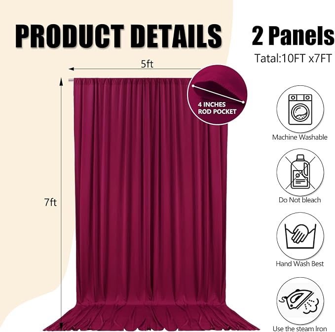 10ft x 10ft Burgundy Backdrop Curtains for Parties, Polyester Fabric Backdrop Drapes with Rod Pockets for Weddings, Birthday, Halloween, Photography, Christmas Party Background Curtain, 2 Panels - Image 2