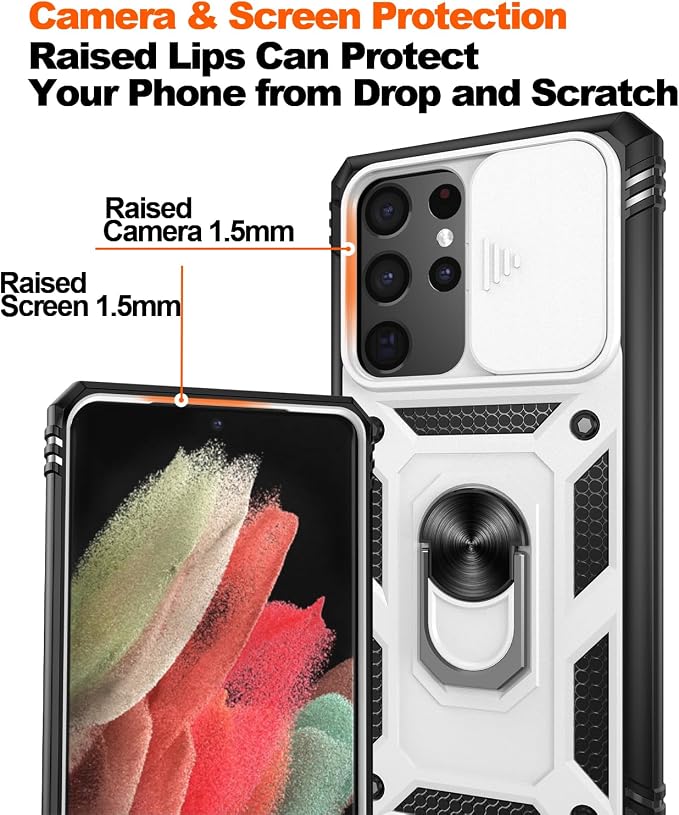 Gritup for Samsung Galaxy S21 Ultra Case: Galaxy S 21 Ultra Case with 2*Screen Protector | Magnetic Stand & Slide Camera Cover | Shock Proof Military-Grade Funda para S21Ultra Cover, White+Black - Image 5