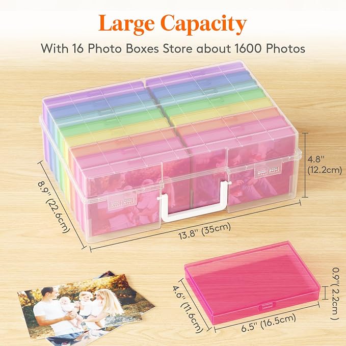 Lifewit 16 Pcs Photo Storage Box for 4"x 6" Pictures, Acid-Free, Multicolor | 1 Pcs Transport Outter Case with Handle& Labels, Container for Cards, Sticker, Seed, Scrapbooking, Craft, Classroom Supplies - Image 3