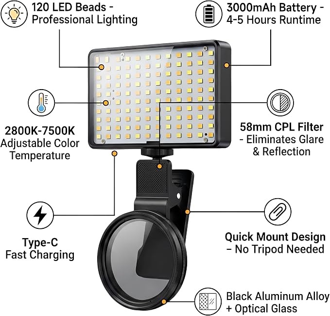 Polarized CPL Lens Light for iPhone - 120 LED Tattoo Photography Kit, 58mm Filter Removes Glare, Adjustable Color Temp, Clip-On Selfie Light for TikTok, Video Recording, Tattoo Photography - Image 4