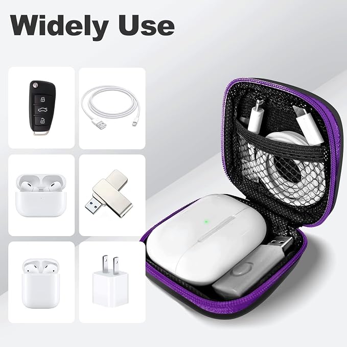 Square Earbud Case Portable EVA Carrying Case Storage Bag Cell Phone Accessories Organizer with Carabiner for Earphone, Earbud, Earpieces, SD Memory Card, Camera Chips, Tech Pouch, Purple - Image 3
