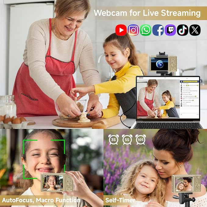Digital Camera, 2026 FHD 4K Autofocus Digital Camera with 64GB SD Card 16X Digital Zoom, Gold Cameras for Photography Portable Compact Point and Shoot Camera for Teens Adult Kids Gift - Image 6