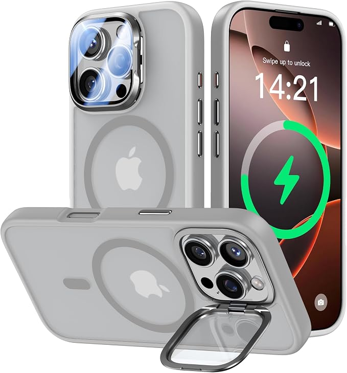 VOFATA [Upgraded] for iPhone 16 Pro Case with Camera Cover Stand [Fit for MagSafe][9H Camera Lens Protector] Mil-Grade Protection Translucent Matte Magnetic iPhone 16 Pro Phone Case, Grey by VOFATA