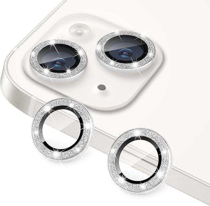 for iPhone 13 Mini & iPhone 13 Camera Lens Protector, Bling Glitter 9H Tempered Glass Camera Cover Anti Scratch Shockproof Screen Protector Individual Ring - 2Pcs Glitter Silver by Hsefo