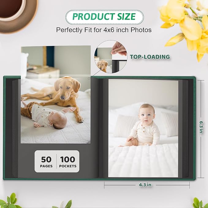 Popotop 4x6 Photo Album Holds 100 Pictures, Vegan Leather Hardcover | 100 Photos Capacity, Acid-Free Clear Slip-In Pockets, Compact Format, Front Photo Window, Gifts for Family Wedding Baby - Image 3