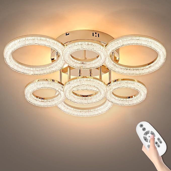 Modern Ceiling Light, 7 Rings 23'' Dimmable LED 106W Flush Mount Ceiling Lights with Remote Acrylic Crystal Round Ceiling Light Fixture, Bedroom Living Room Dining Room, Gold by OKELI
