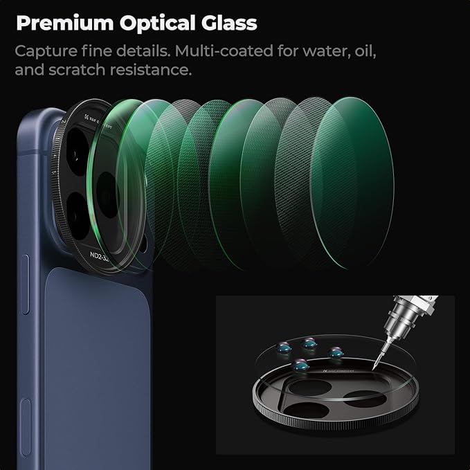 K&F CONCEPT Snap-On ND2-32 Filter Compatible with iPhone 17 Pro & Pro Max | 11.2g Ultra-Lightweight Variable ND Lens Filter with Snap-on Deco Mount, AGC Glass 28-Layer Coating, FA301 - Image 4