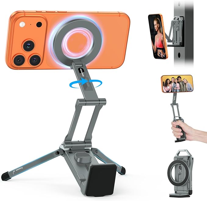 OMOTON TP02 360°Rotating Adjustable Aluminum for MagSafe Tripod Mount, Gray | Magnetic Phone Tripod for iPhone 17/16/15 Pro Max Air, Foldable Cell Phone Stand Fits Vlog, Gym Travel Essentials Accessories by OMOTON
