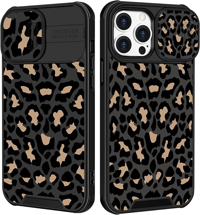 Case for iPhone 12 Pro Max Black Luxury Phone Cover | 2in1, Leopard, for Women Girls, Cheetah Animal Print, Design, with Slide Camera Cover, Protective, Pattern, Cute Cases, 6.7'' by Goocrux